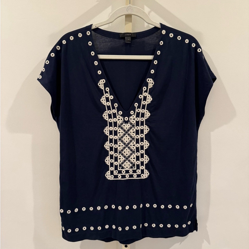 J. Crew Navy and White Embroidered V-Neck Top